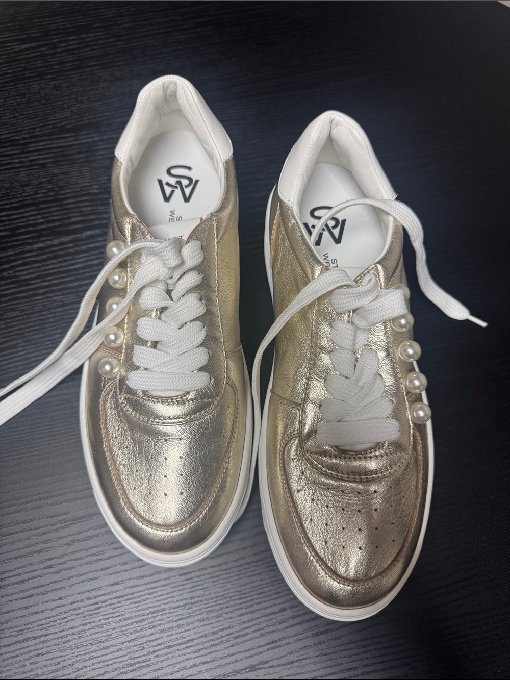 Stuart Weitzman Metallic Gold Sneakers with Pearl Eyelets